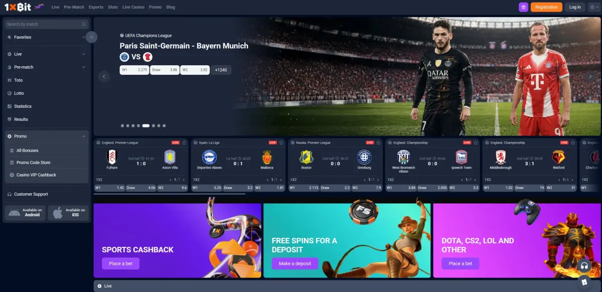1xBit homepage featuring casino, sportsbook and eSports betting