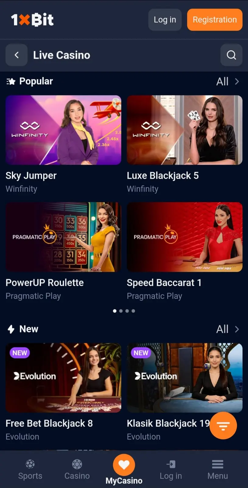 1xBit mobile interface featuring casino and sports betting