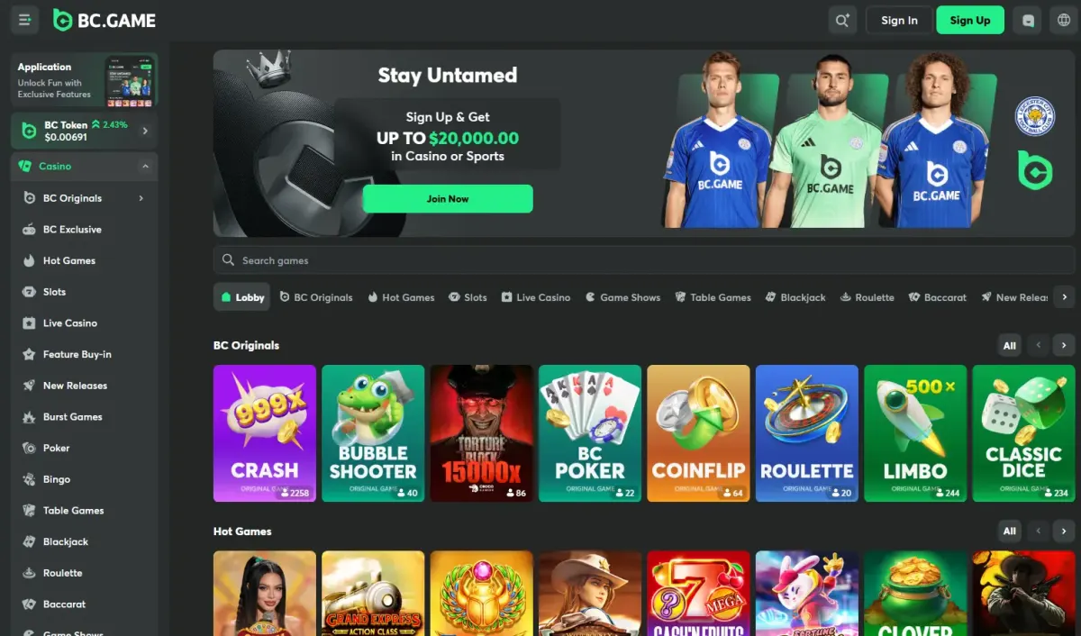 BC.Game homepage with casino lobby, sportsbook and BC Originals