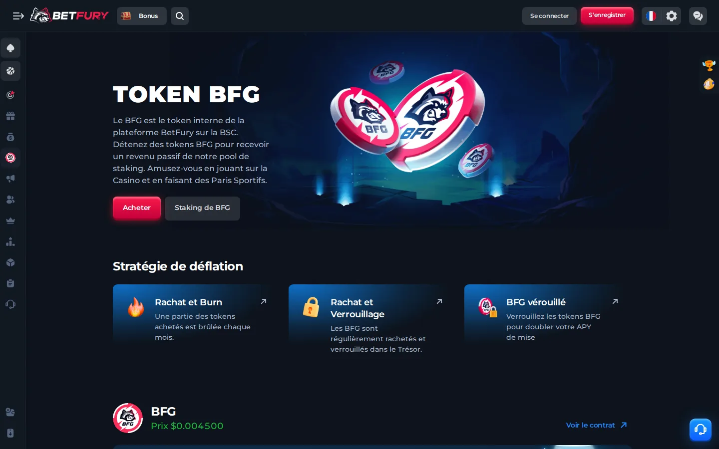 BetFury BFG Token page: passive income through staking and a deflationary strategy