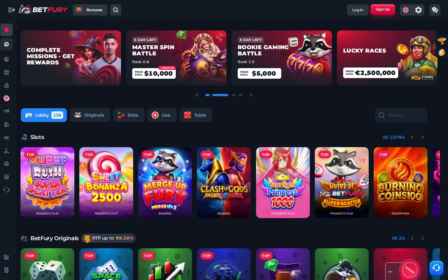 BetFury home page with the crypto casino lobby, 13,000+ games and live betting