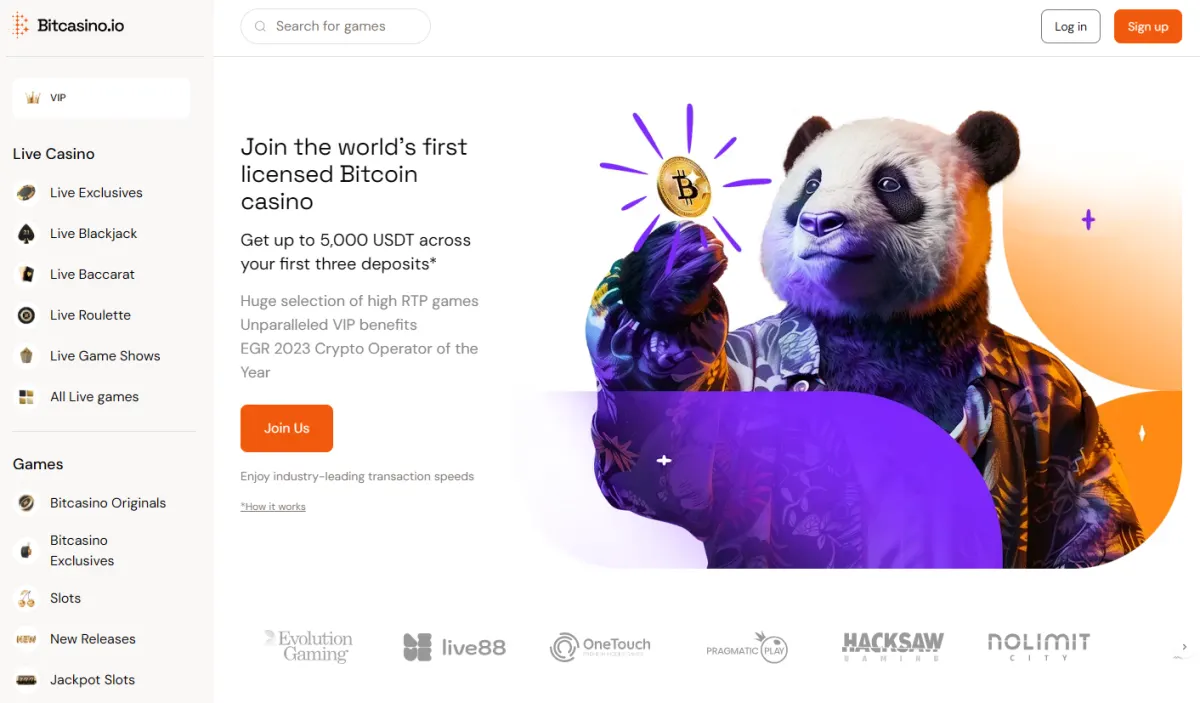Bitcasino.io 250% welcome bonus page showing the three deposit tiers