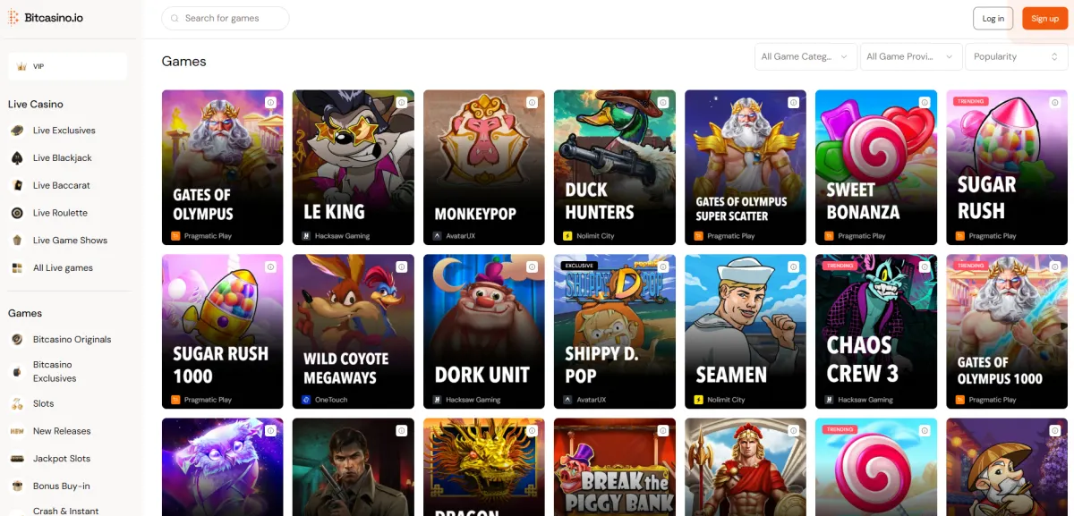 Bitcasino.io homepage with crypto casino lobby, 7,000+ games and 14 accepted cryptocurrencies