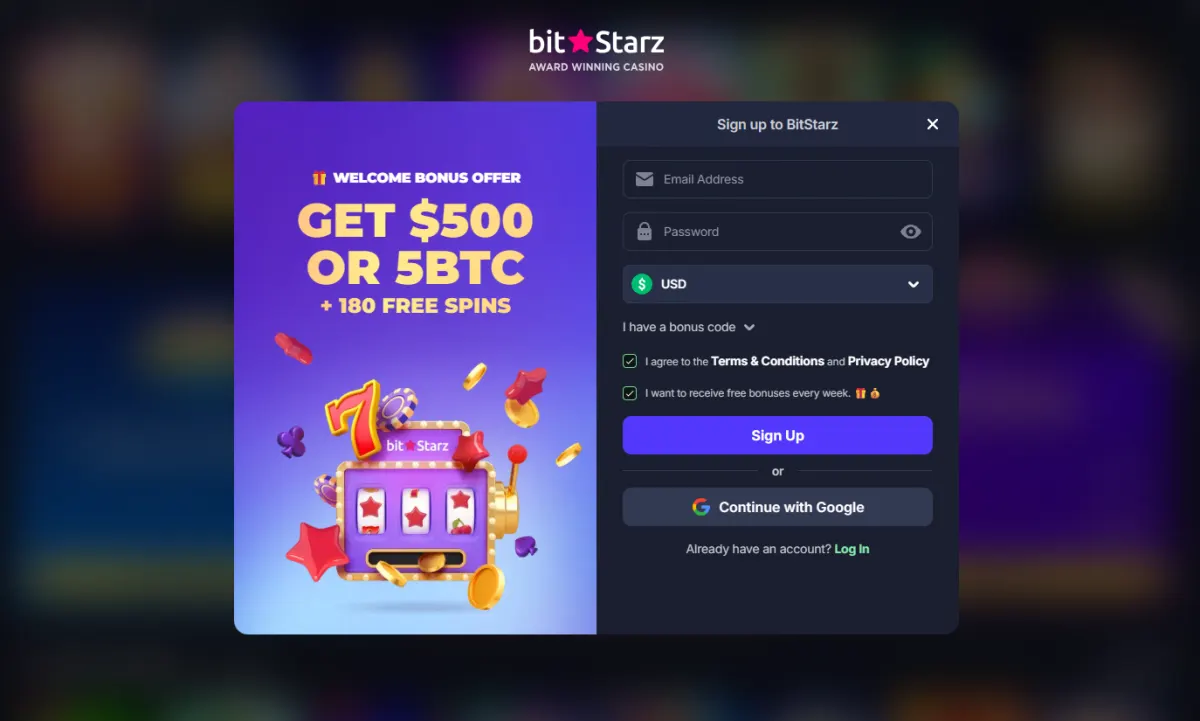 BitStarz bonus page showing the 5 BTC + 180 free spins package across 4 deposits