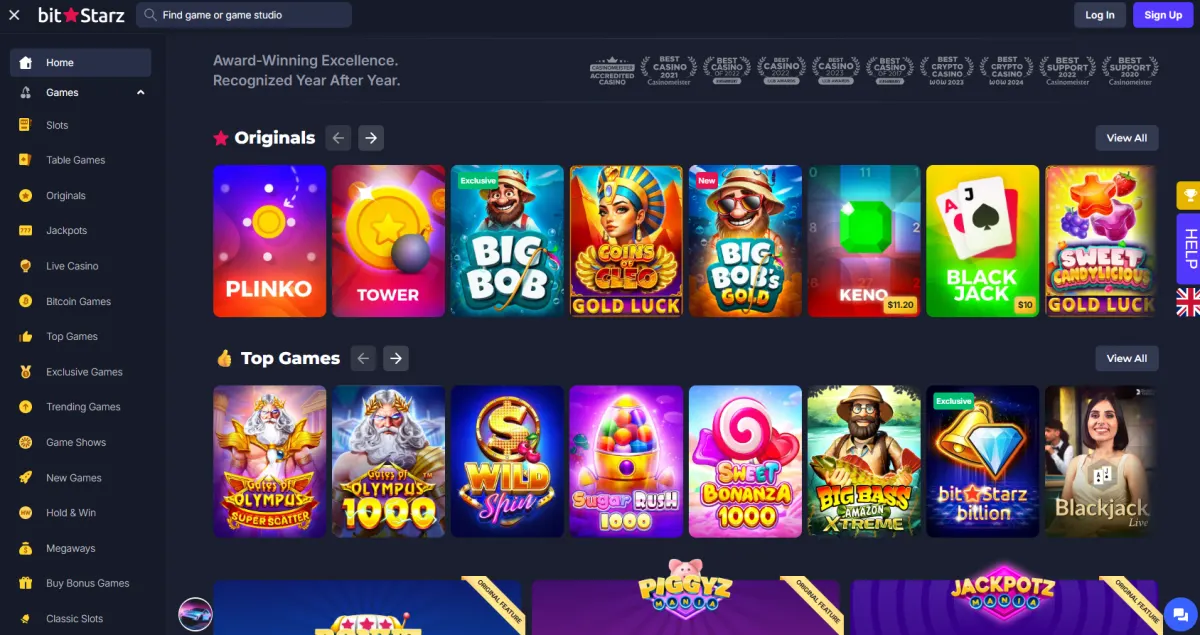 BitStarz homepage with casino lobby, 6,500+ crypto games and promotions