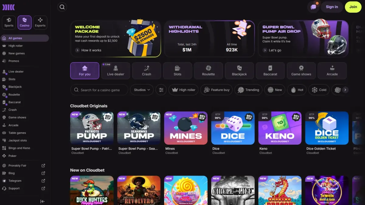 Cloudbet homepage with crypto casino, sportsbook and VIP programme