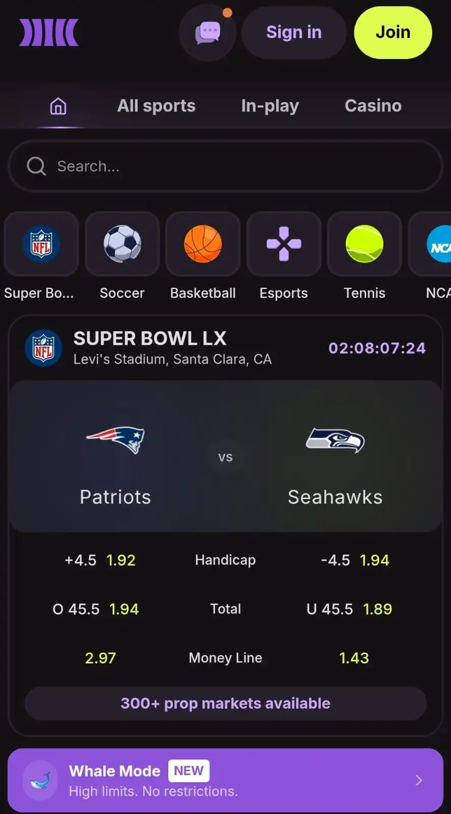 Cloudbet mobile interface
