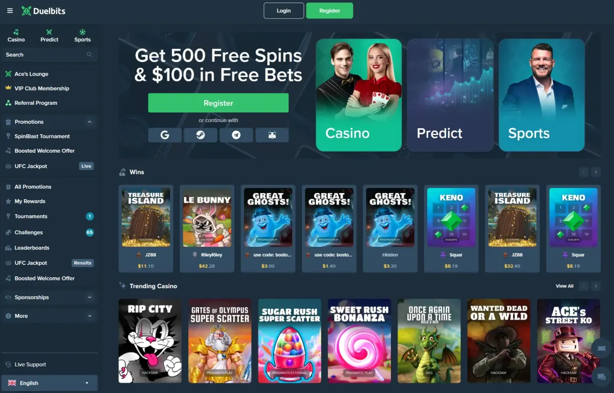Duelbits homepage with crypto casino lobby, sports betting and VIP Ace's Rewards programme