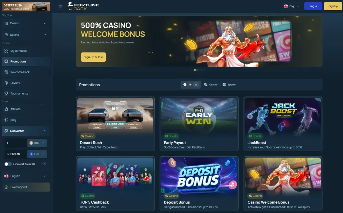 FortuneJack bonus page with 6 BTC pack across 4 deposits or 20 percent unlimited cashback