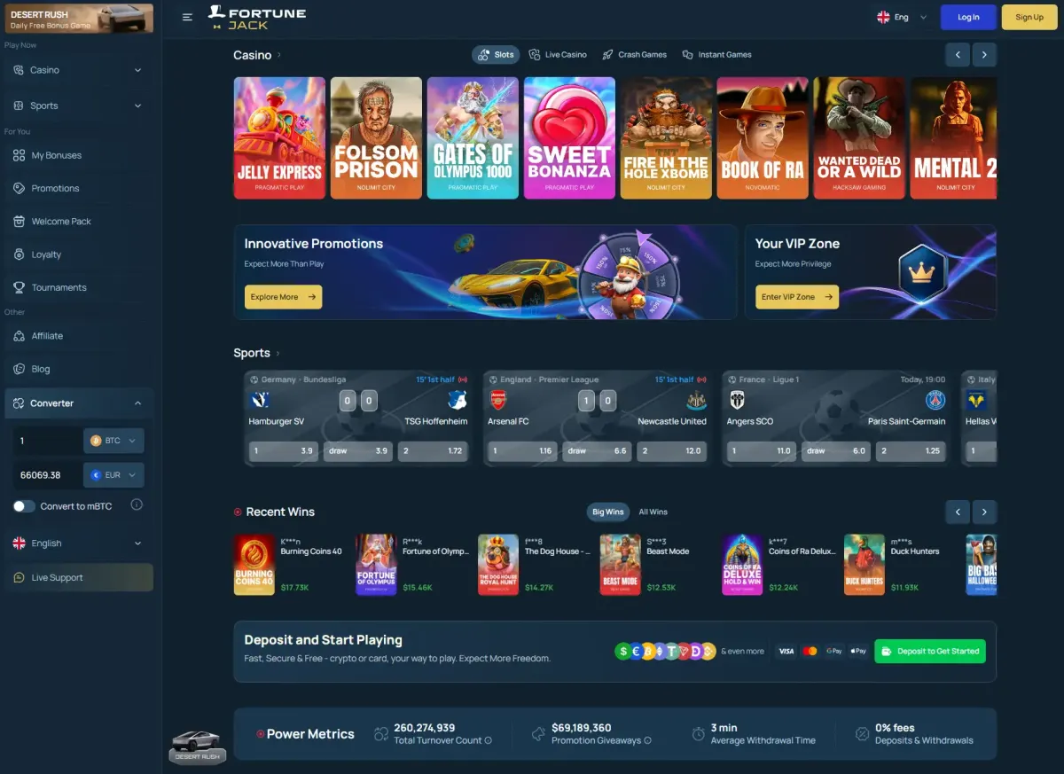 FortuneJack home page with crypto casino lobby, Orbital provably fair games and sportsbook covering 40 disciplines