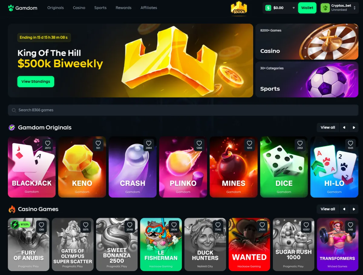 Gamdom homepage with crypto casino lobby, esports sportsbook and welcome rakeback
