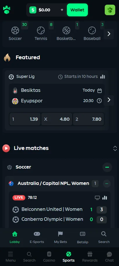 Gamdom mobile interface with crypto casino, esports sportsbook and responsive navigation