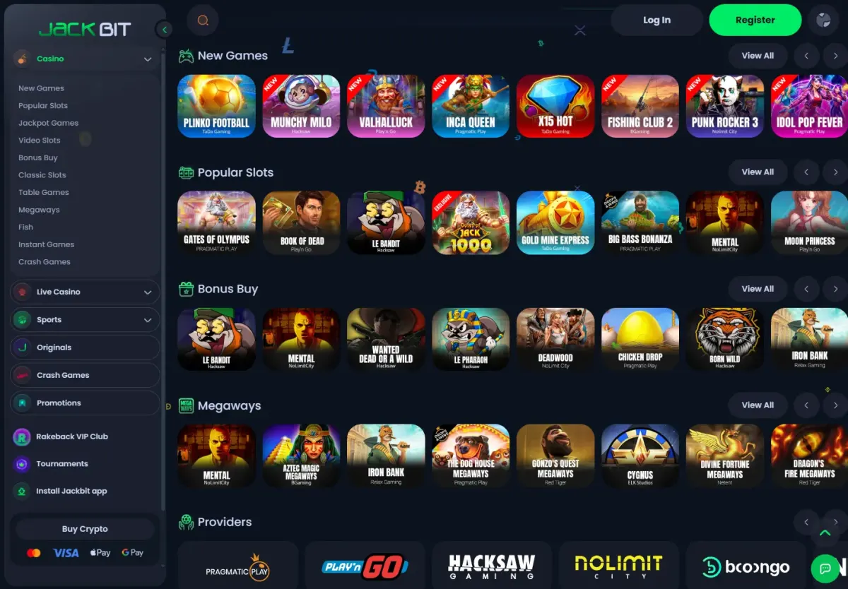 Jackbit home page with the casino lobby, the sportsbook and the 30% rakeback