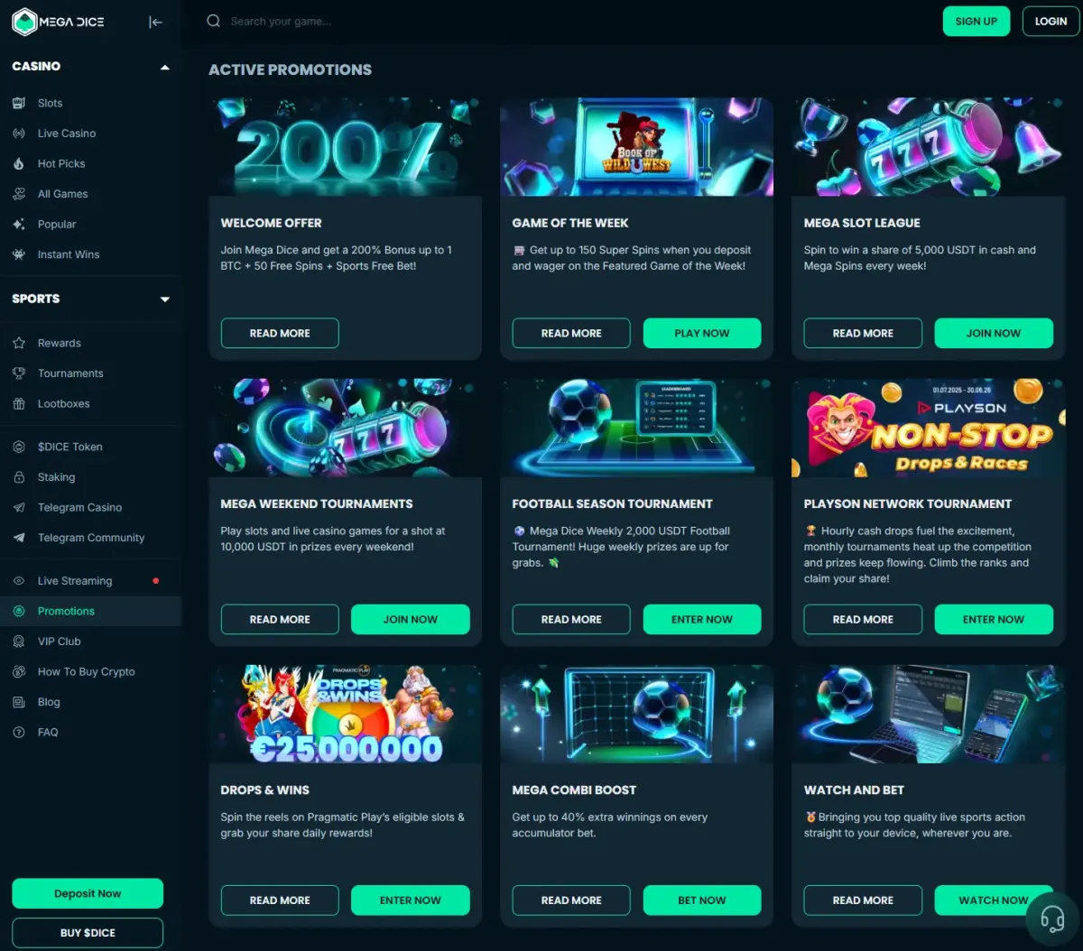 Mega Dice bonus page with the 200% welcome offer and terms