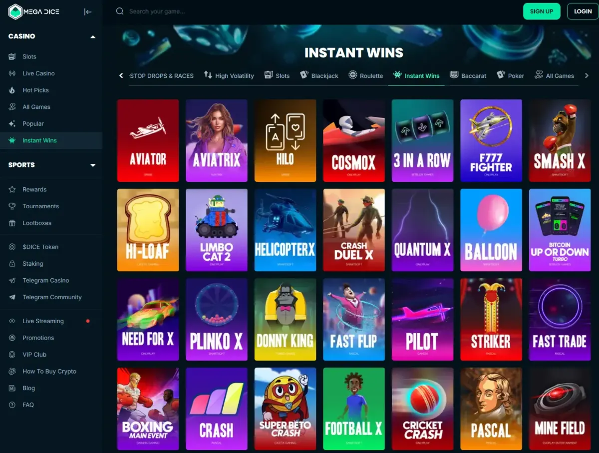 Mega Dice homepage: crypto casino, sports betting and play directly in Telegram