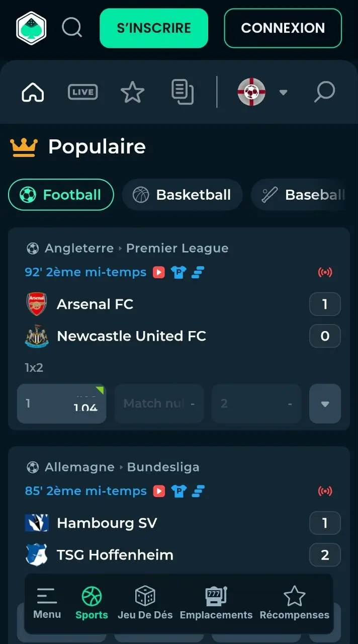 Mega Dice mobile interface with casino and sports betting in Telegram