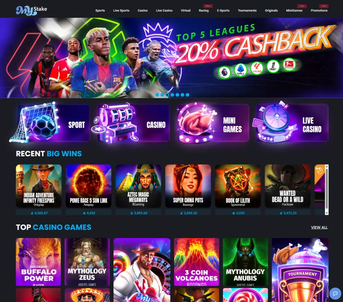 MyStake homepage with Chicken and Dino mini-games, 7,000+ game catalogue and 170% crypto bonus