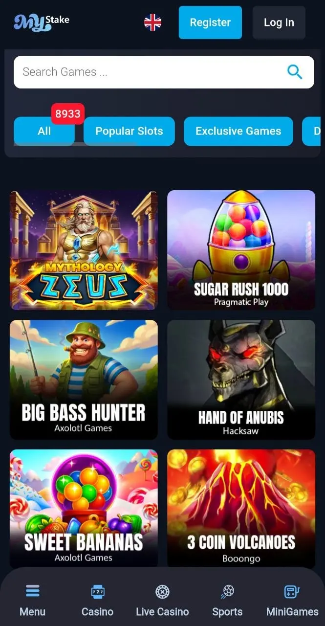 MyStake on mobile with Chicken and Dino mini-games, sports betting and horse racing