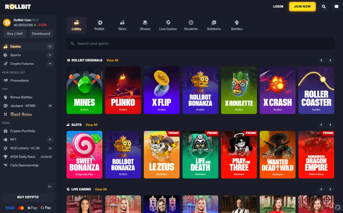 Rollbit home page showing the casino lobby, sportsbook and leveraged crypto trading