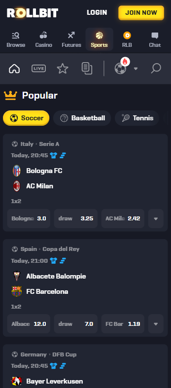 Mobile version of Rollbit showing the casino and sportsbook in the browser