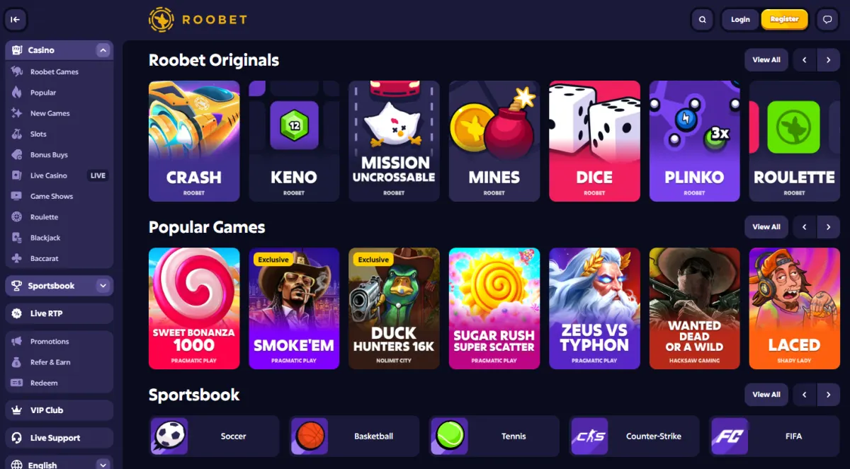 Roobet homepage with casino, sportsbook and provably fair Originals