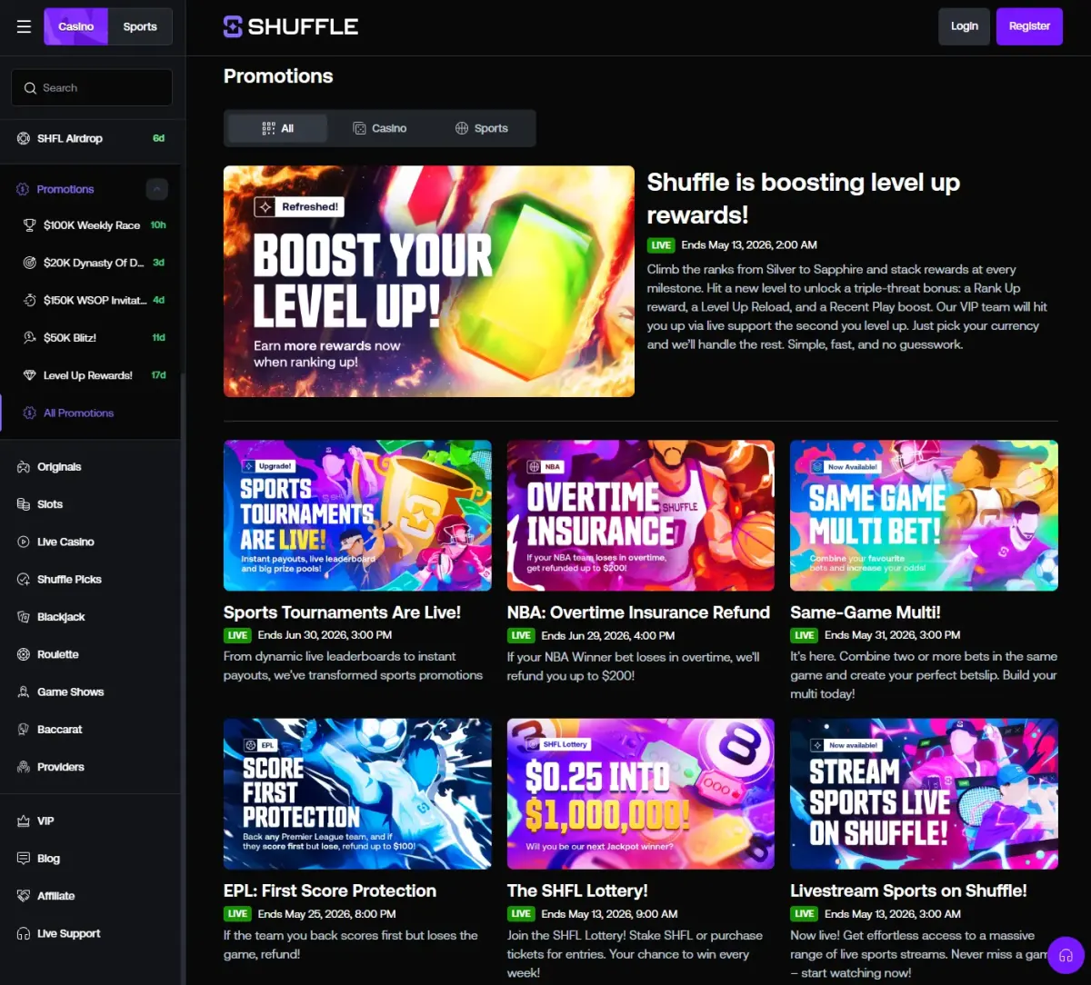 Shuffle.com bonus page with 200% welcome, 8-tier VIP, $100K Weekly Race and $150K WSOP Invitational