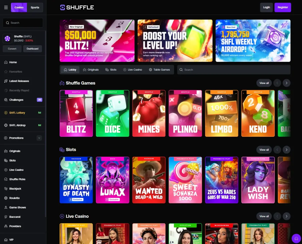 Shuffle.com home page with no-limit casino, 15,000 games, 70+ sport sportsbook and native SHFL token