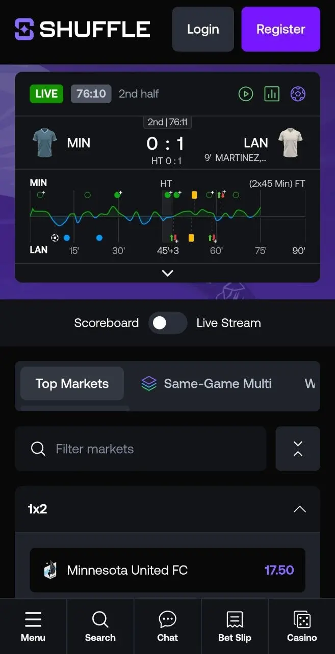 Shuffle.com PWA mobile interface with casino, 70+ sport sportsbook and provably fair Originals