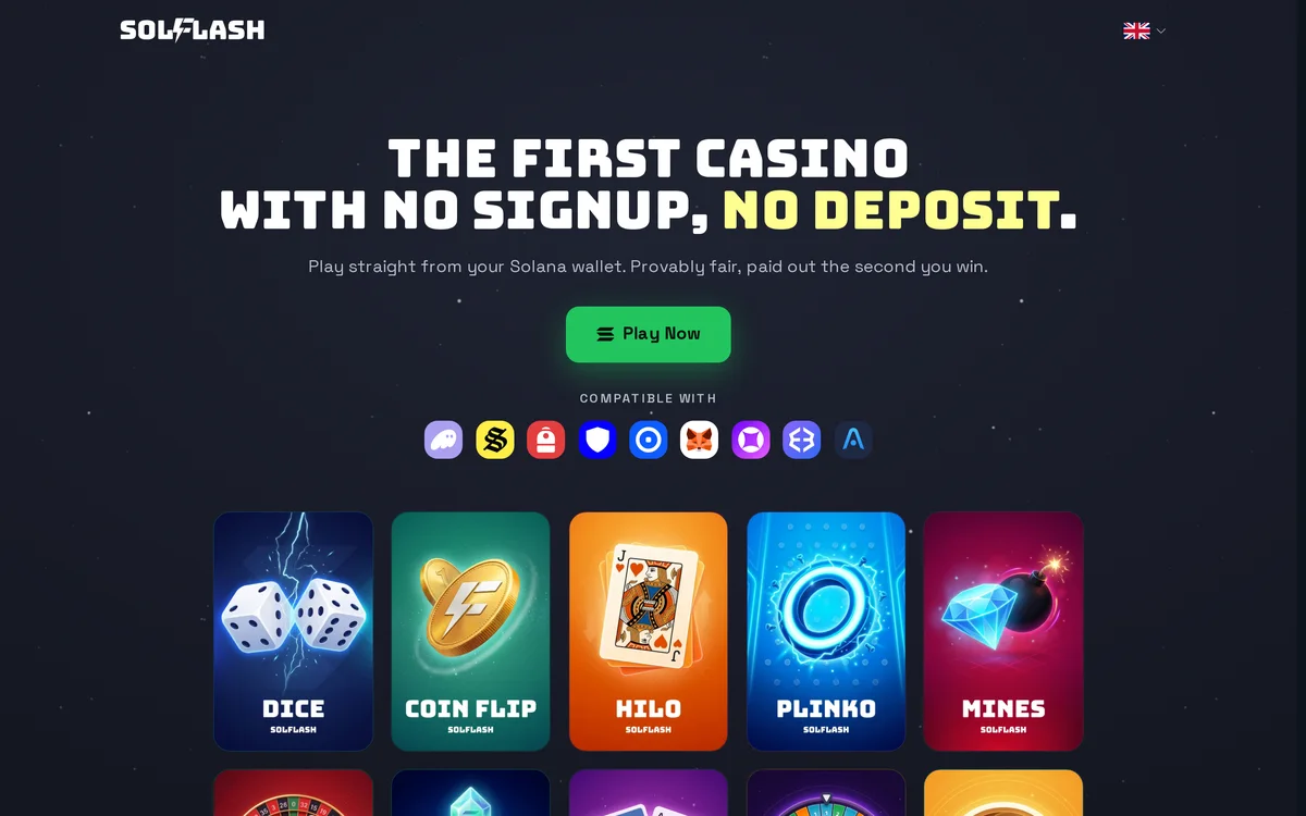 Page d'accueil de Solflash avec le lobby des jeux originals Solana et la connexion wallet