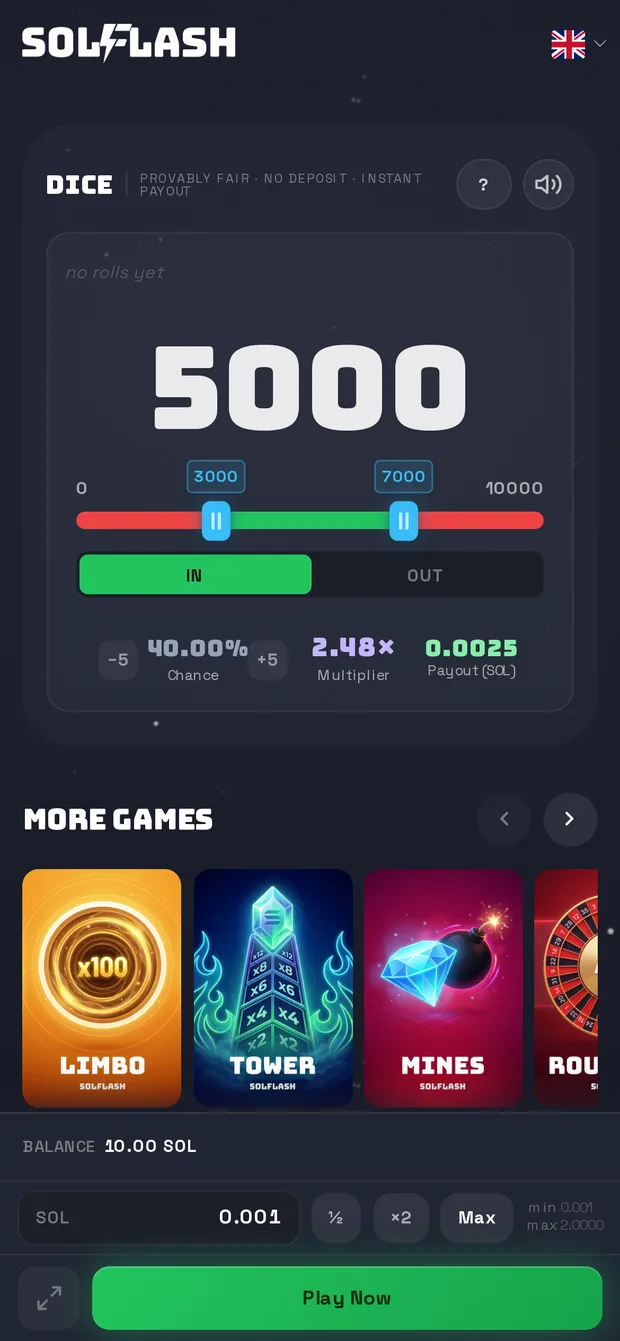 Version mobile de Solflash avec la connexion wallet et un jeu original en cours