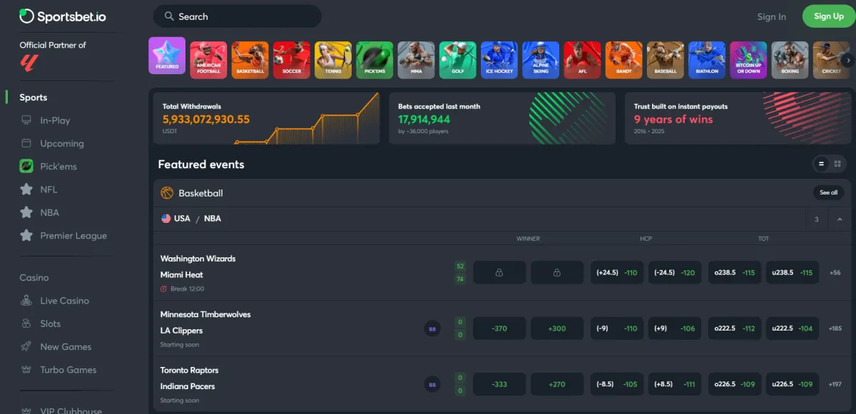 Sportsbet.io home page with live sports betting, HD streaming and crypto markets
