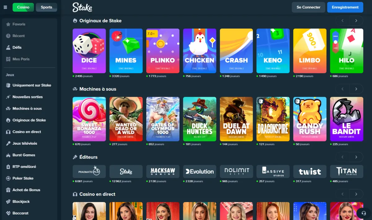 Stake.com homepage with casino lobby, sportsbook and Stake Originals