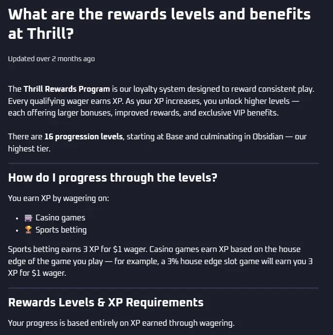 Thrill.com VIP program with 17 tiers, rakeback and cashback in 0x wagering