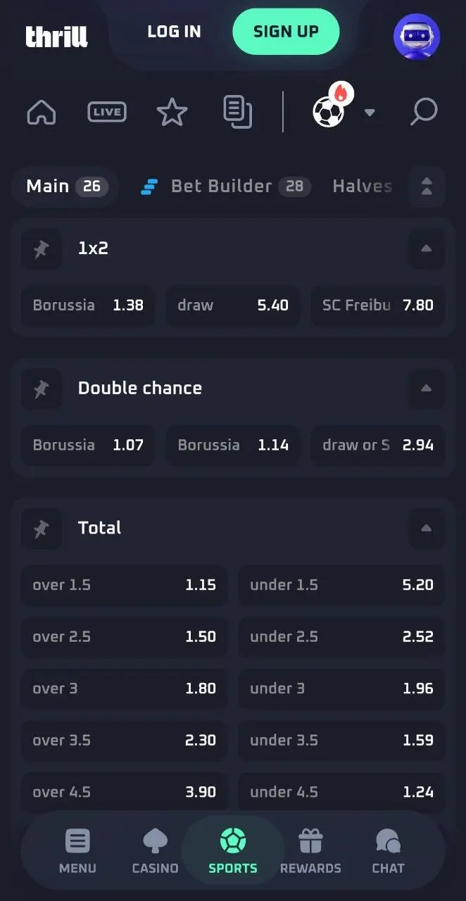 Thrill.com mobile interface with navigation, games and withdrawals on a smartphone