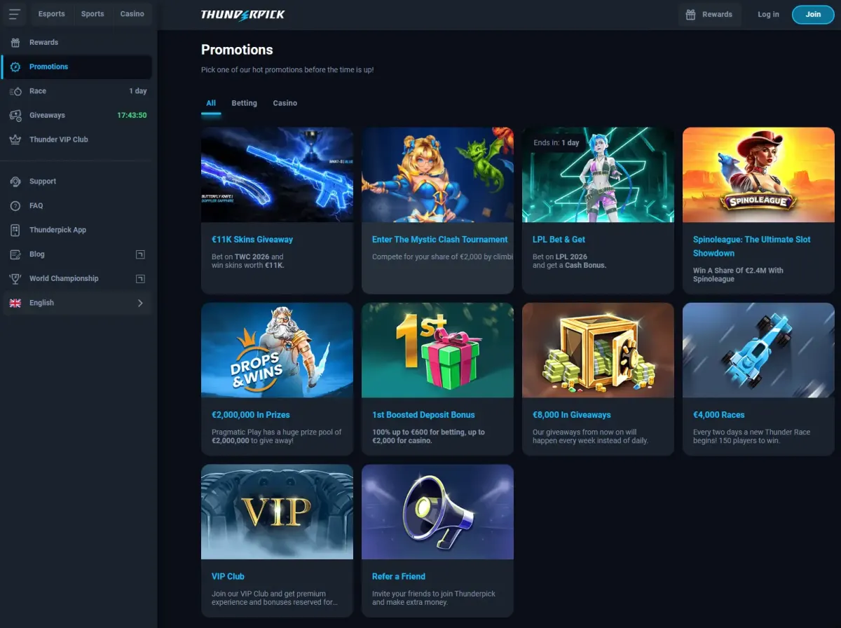 Thunderpick bonus offers and VIP program with casino and sports betting options
