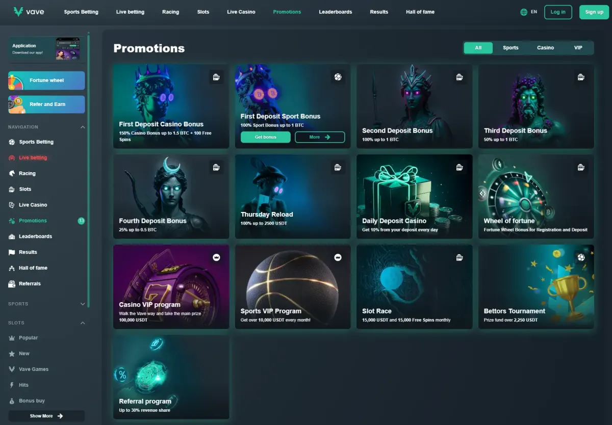 Vave bonus page with 150% welcome package and 18-level VIP programme