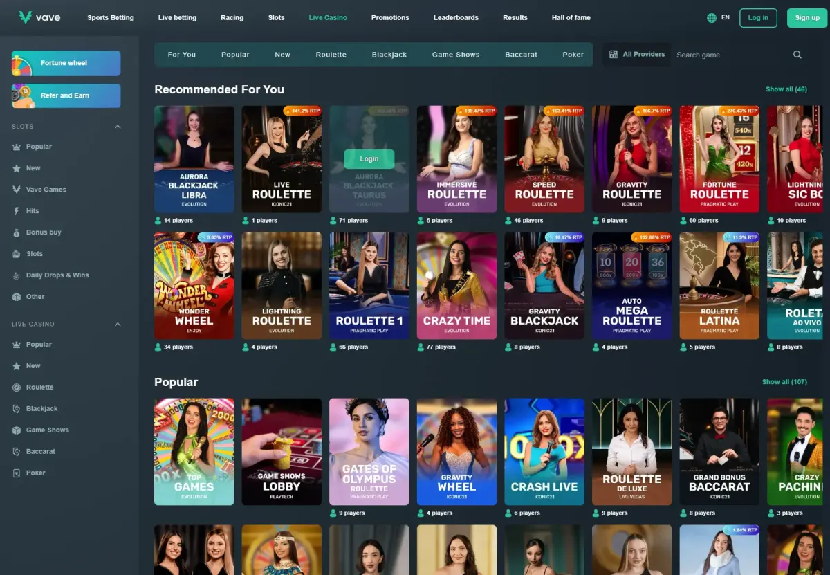 Vave homepage with crypto casino, sports betting and dedicated racebook