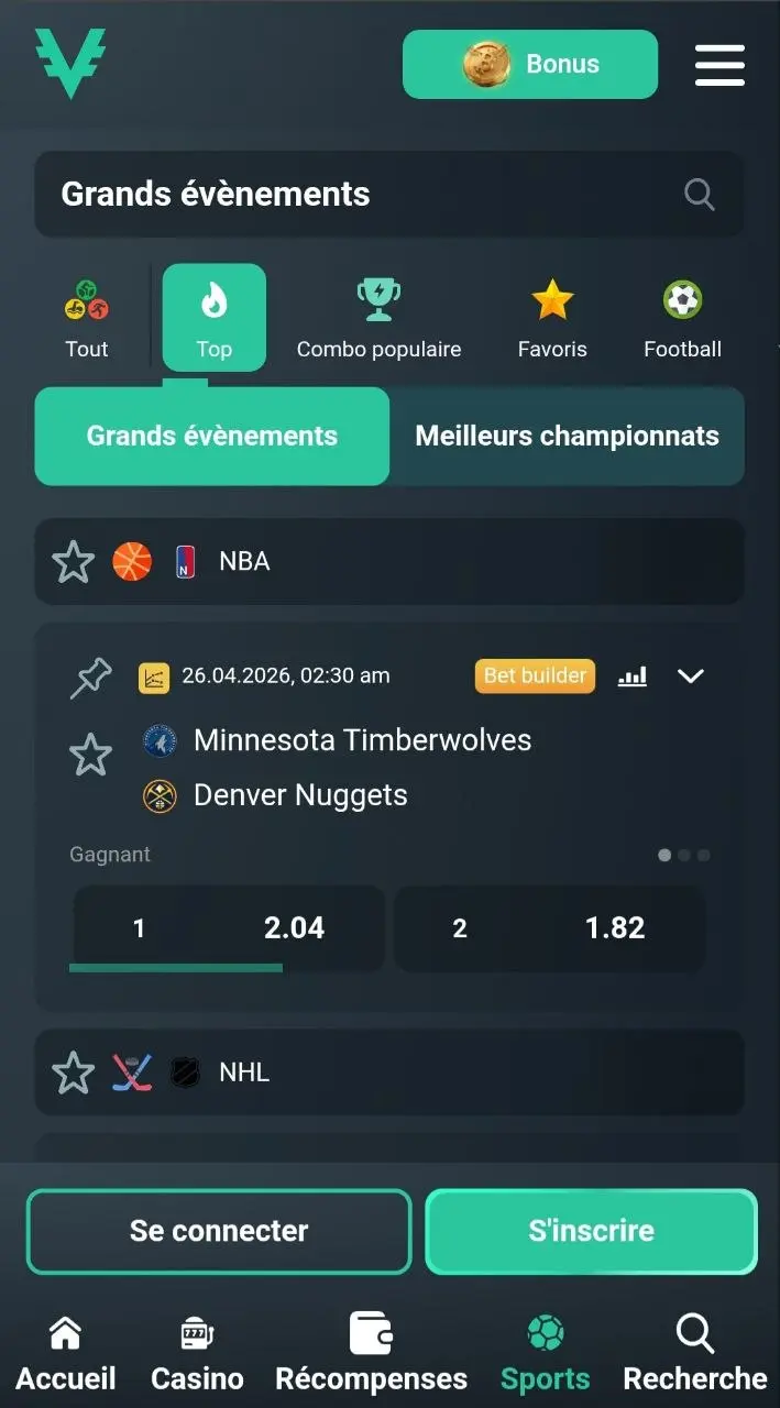 Vave mobile interface with casino, sports betting and racebook navigation
